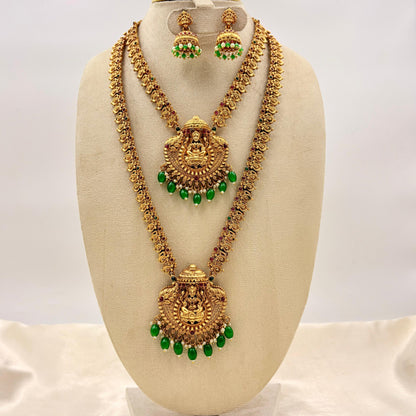 Antique Gold Dual Long Haram Necklace Set with Lakshmi Pendant & Green Beads