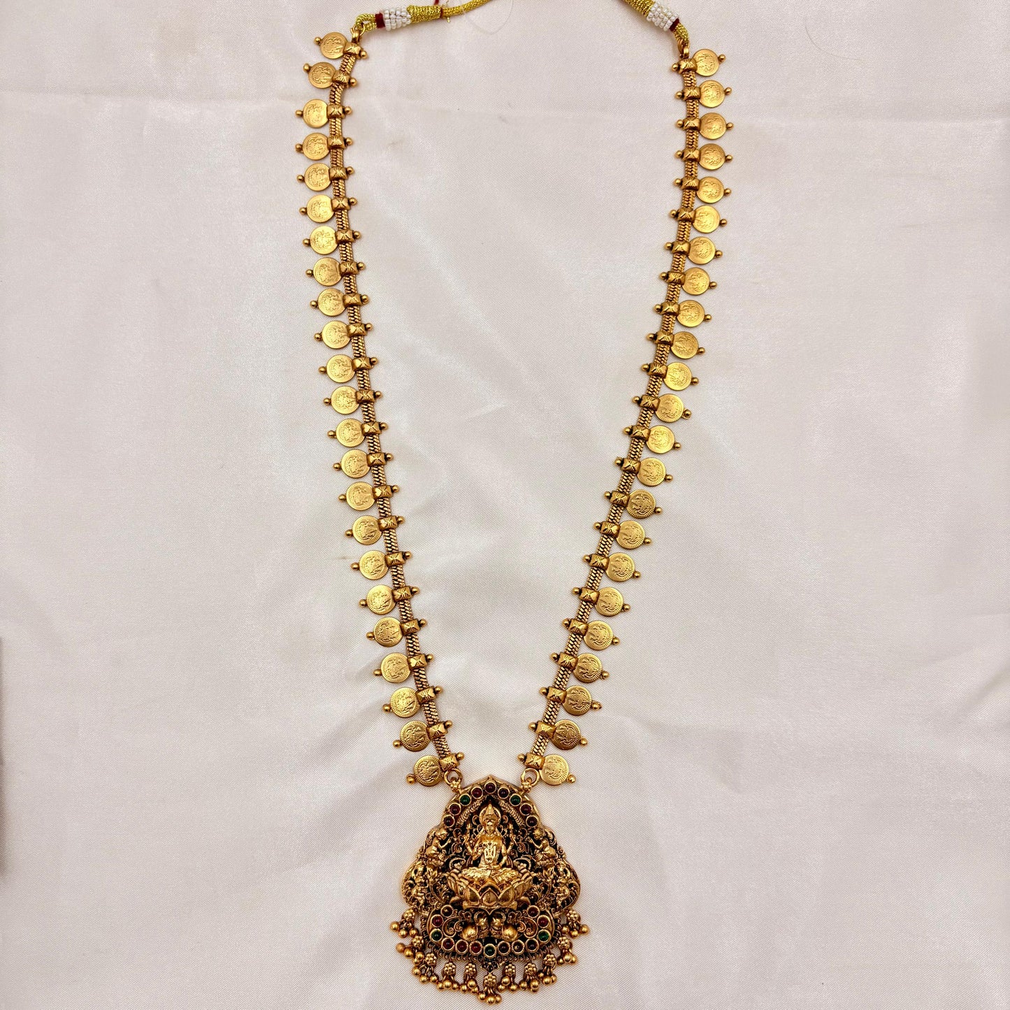 Traditional Long Lakshmi Kasu Mala with Pearl Cluster Pendant & Jhumka Set