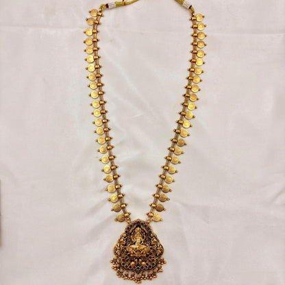 Traditional Long Lakshmi Kasu Mala with Pearl Cluster Pendant & Jhumka Set