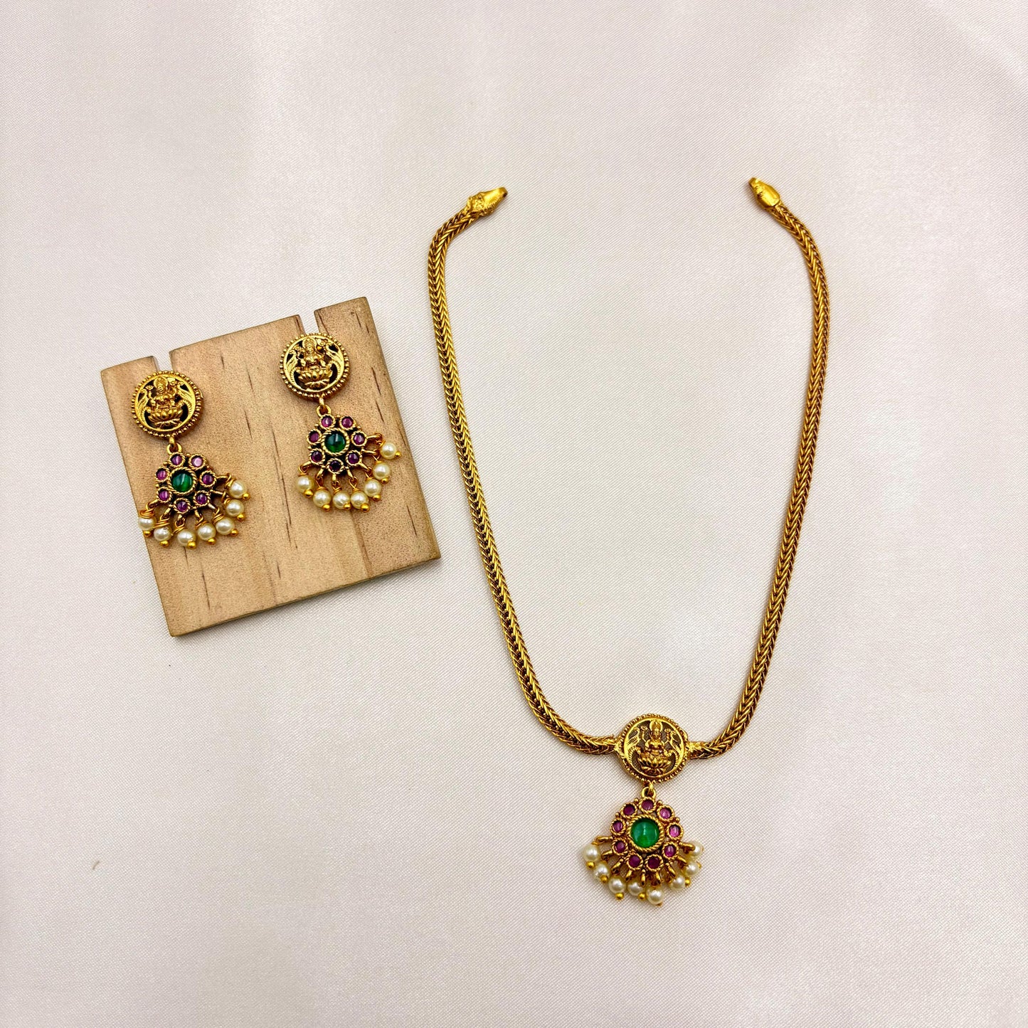 Lakshmi Pendant Temple Necklace Set with Pearl Drops – Traditional Gold Finish Jewellery