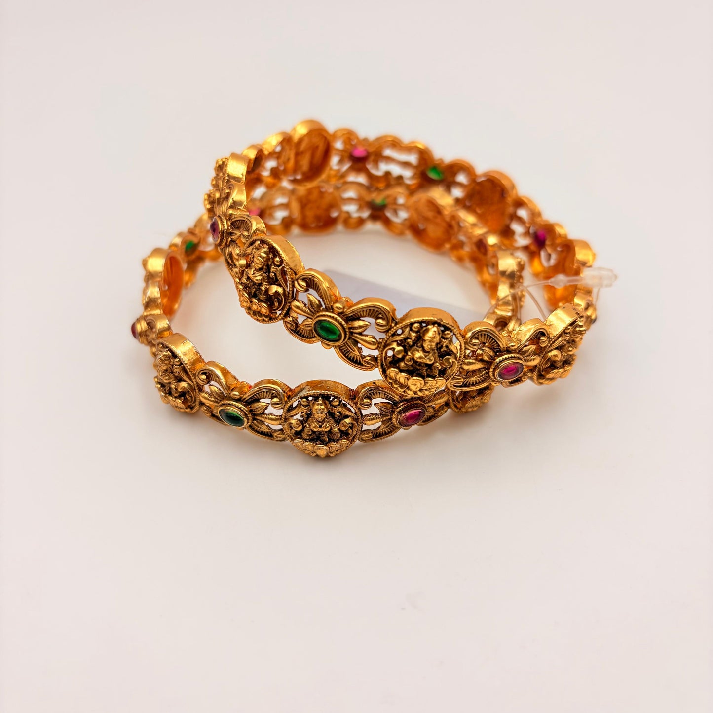 Antique Gold Temple Coin Bangles with Ruby & Green Stones – Traditional Bridal Bangles