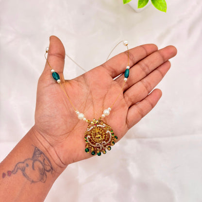 Gold Finish Temple Goddess Pendant Wire Necklace with Green Beads & Pearls