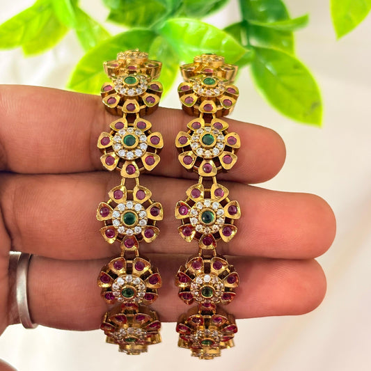 Antique Gold-Plated Floral Ruby & Green Stone Bangles – South Indian Traditional Design (Set of 2)