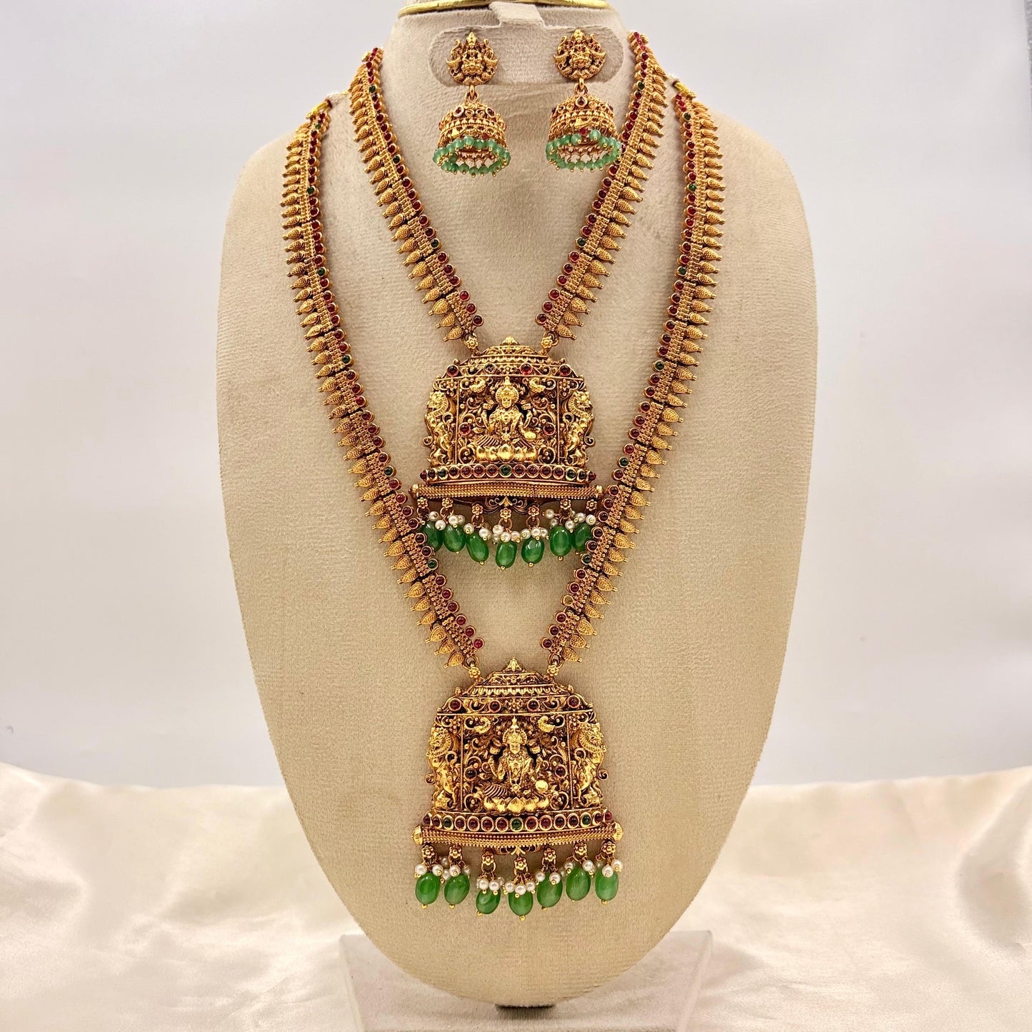 Antique Gold Temple Long Haram Necklace Set with Lakshmi Pendant & Jhumka Earrings