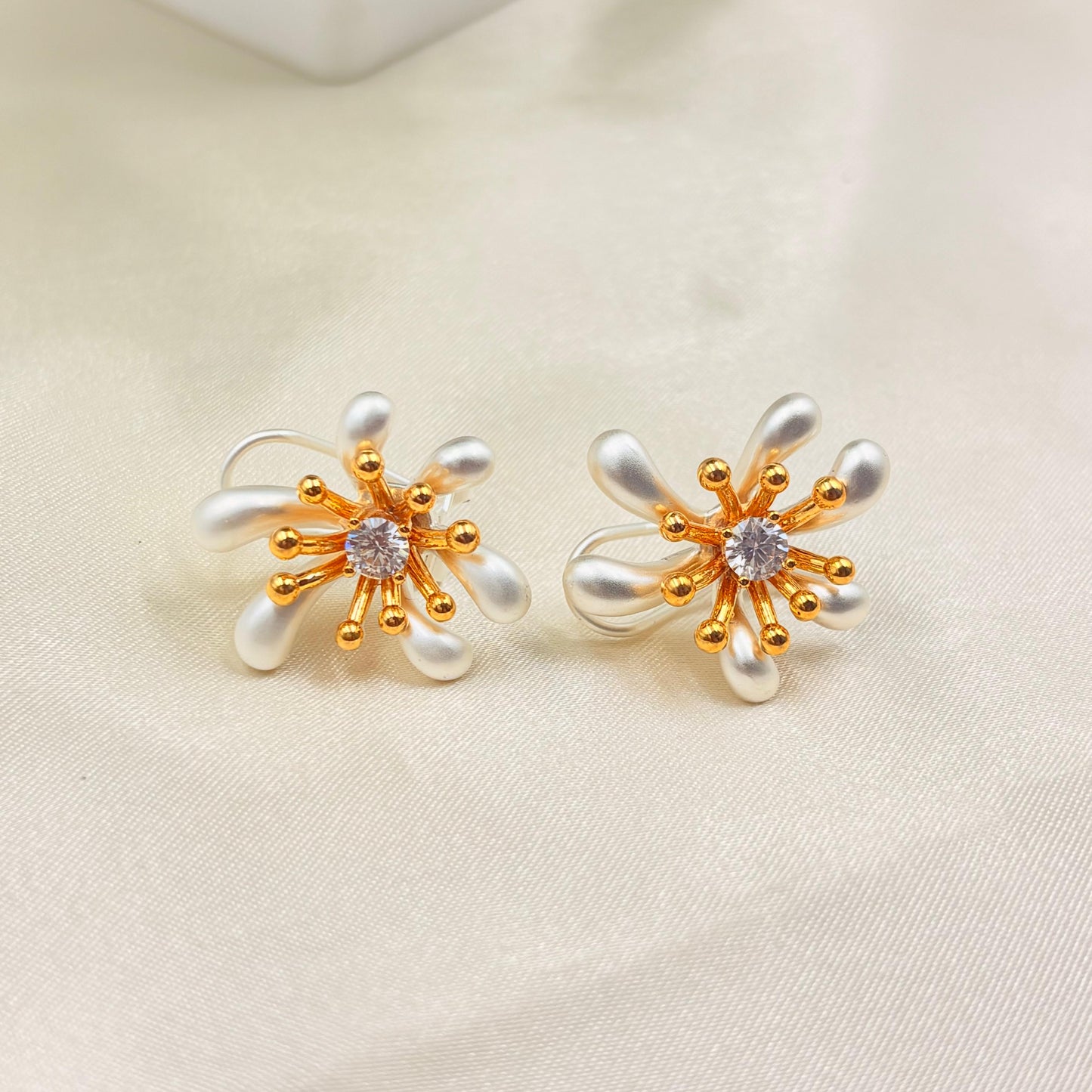 Pearl Flower Stud Earrings with CZ Center – Gold Tone