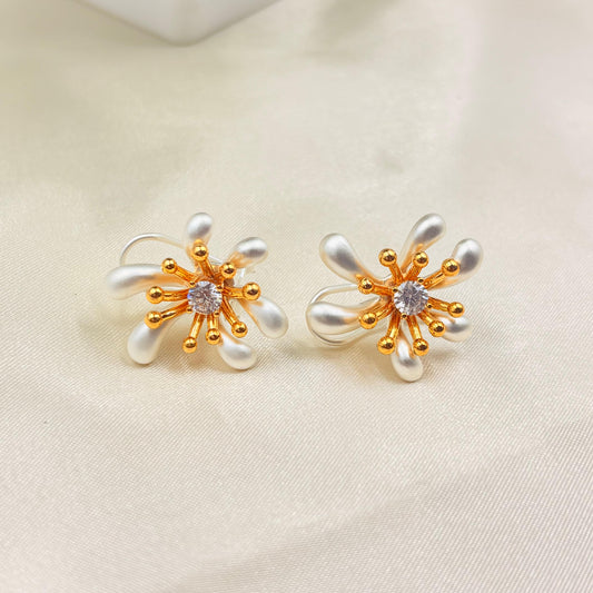 Pearl Flower Stud Earrings with CZ Center – Gold Tone