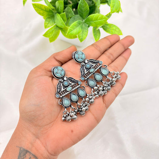 Oxidized Silver Chandelier Earrings with Aqua Blue Stones & Ghungroo Drops