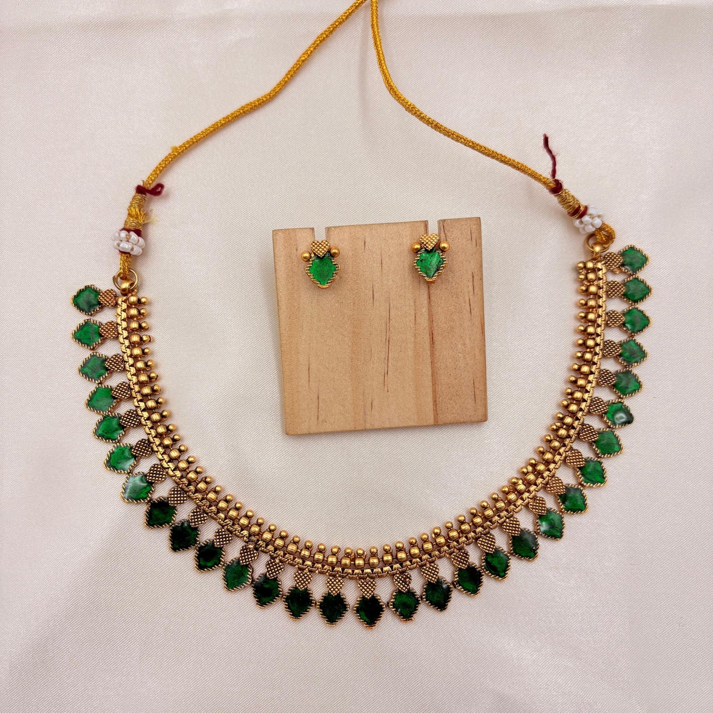 Gold-Plated Green Stone Choker Set | Traditional Necklace with Matching Earrings
