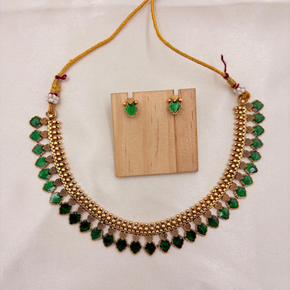 Gold-Plated Green Stone Choker Set | Traditional Necklace with Matching Earrings