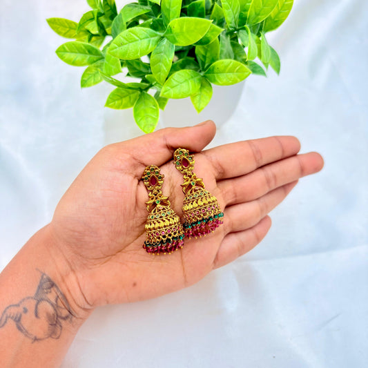 Antique Gold Jhumka Earrings with Red & Green Stones