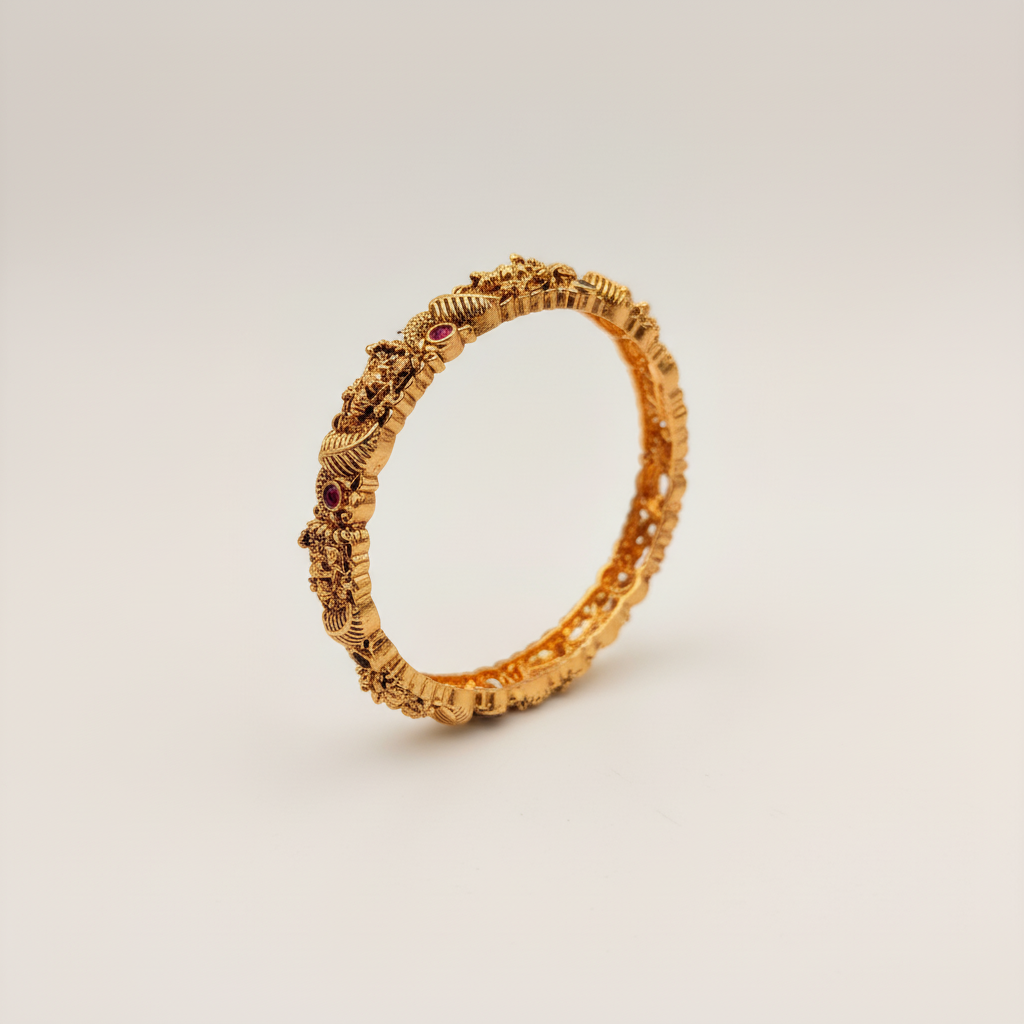 Antique Gold Temple Bangles with Ruby, Emerald & White Stones – Traditional Carved Bangle Set (Set of 4)