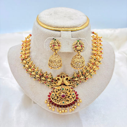 Antique Gold Peacock Temple Necklace with Ruby-Green Stones & Matching Jhumka Earrings