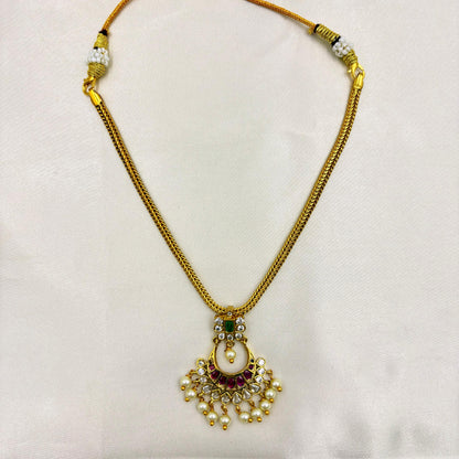 Antique Gold Finish Necklace Set with Green & Pink Stones and Pearl Drops