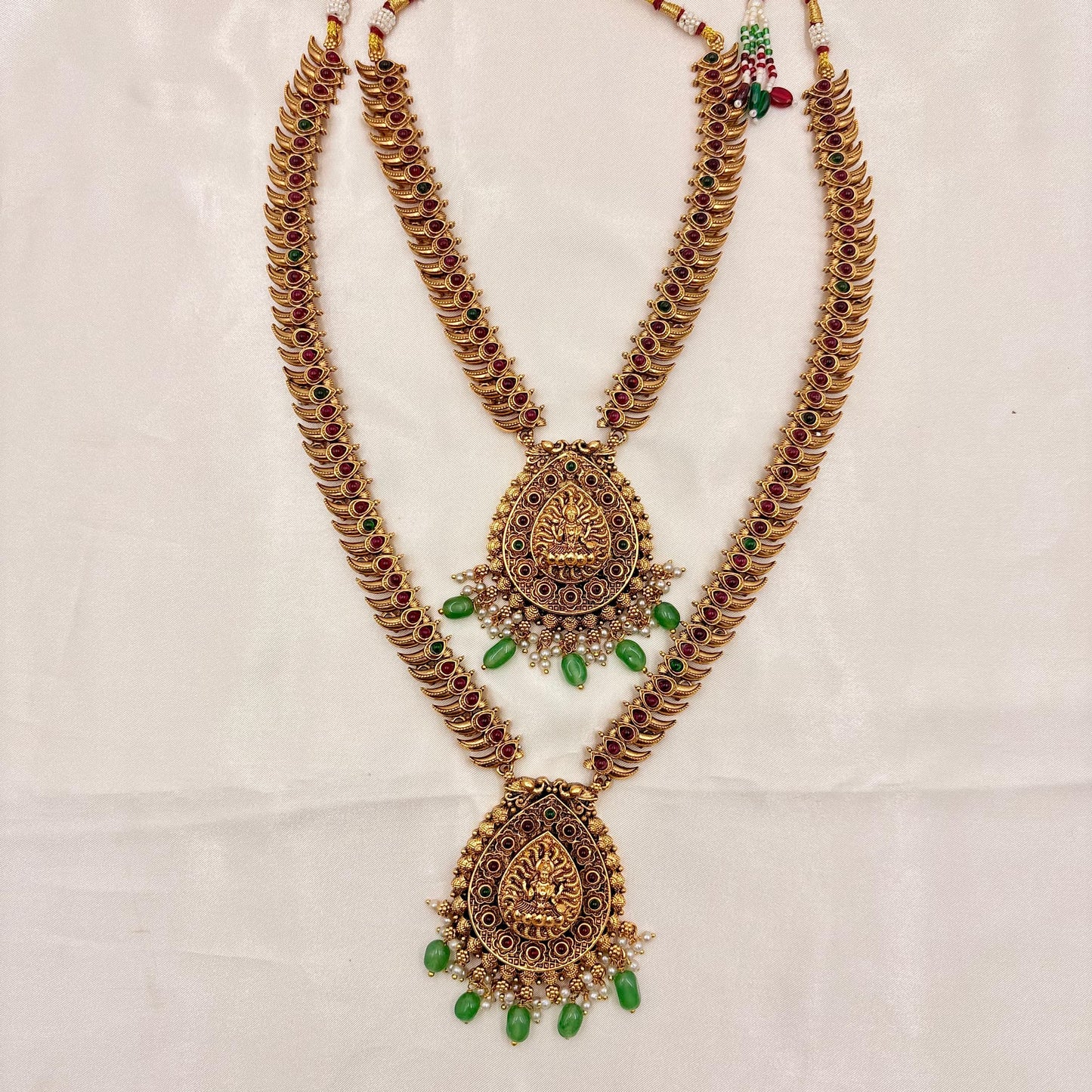 Antique Gold Mango Design Dual Long Haram Necklace Set with Lakshmi Pendant & Jhumkas