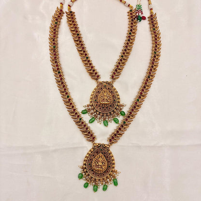 Antique Gold Mango Design Dual Long Haram Necklace Set with Lakshmi Pendant & Jhumkas