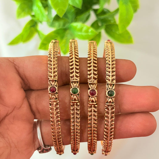 Antique Gold Leaf Pattern Bangles with Ruby & Green Stone – Traditional Daily Wear Bangles (Pair)