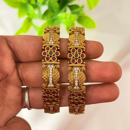 Heavy Gold-Plated Temple Bangles with Ruby, Green & White Stone Work (Pair)