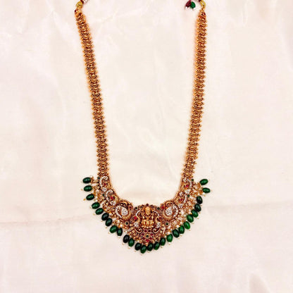 Gold Finish Lakshmi Temple Necklace Set with Green Beads