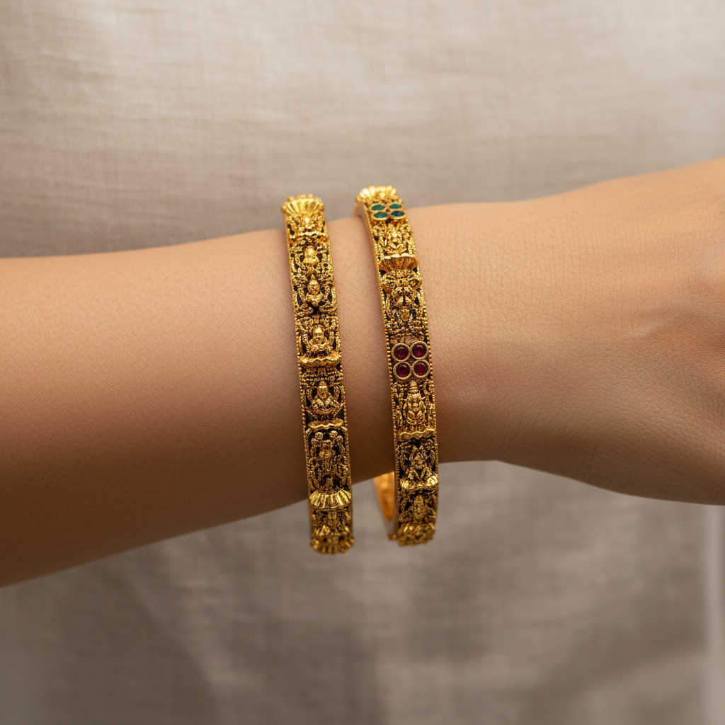 Antique Gold Temple Bangles with Ruby & Emerald Stones – Intricately Carved South Indian Bangle Set (Set of 4)