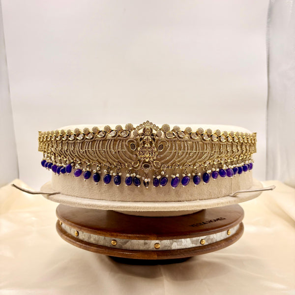 Gold-Plated Temple Vaddanam with Blue Beads | Bridal Waist Belt | Lakshmi Design