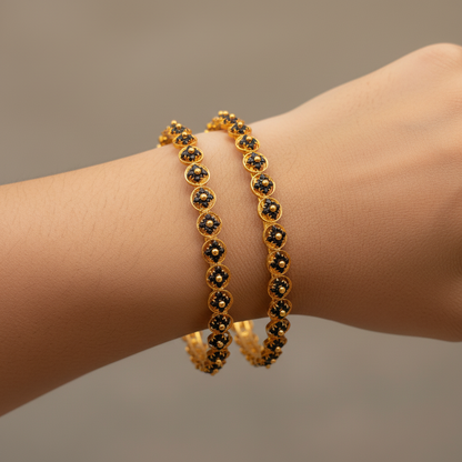 Elegant Black Stone Floral Bangles – Gold Polish Finish