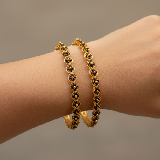 Elegant Black Stone Floral Bangles – Gold Polish Finish