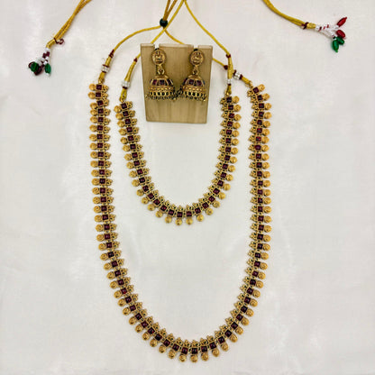 Antique Gold Ruby Stone Long Haram Necklace Set with Jhumka Earrings