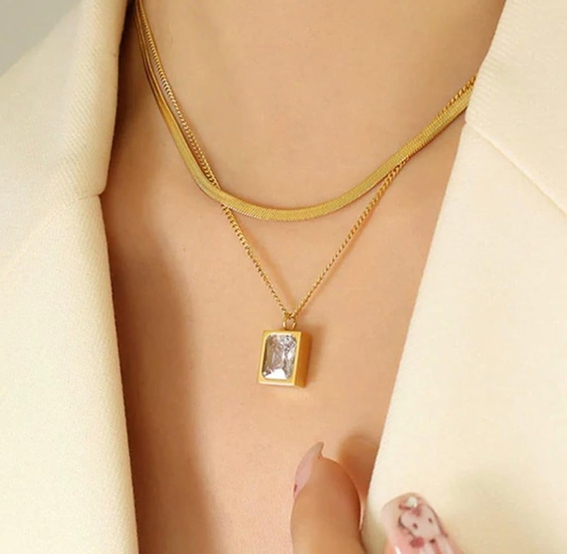 Layered Crystal Pendant Necklace – Premium Anti-Tarnish Double Layer Gold Necklace