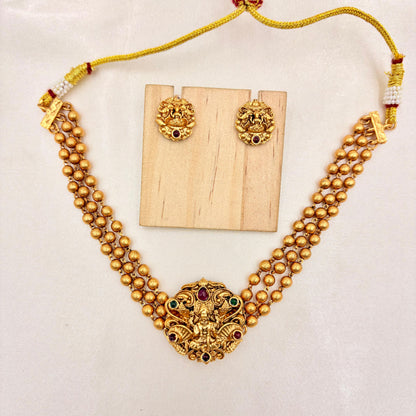 Temple Lakshmi Gold Bead Necklace Set with Matching Stud Earrings
