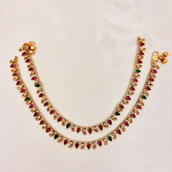 Antique Gold Ruby & Emerald Stone Designer Anklet (Pair)