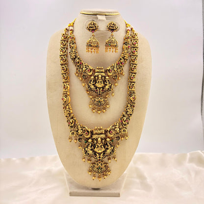 Grand Lakshmi Temple Jewellery Set – Antique Gold Bridal Choker, Long Haram & Jhumka Earrings