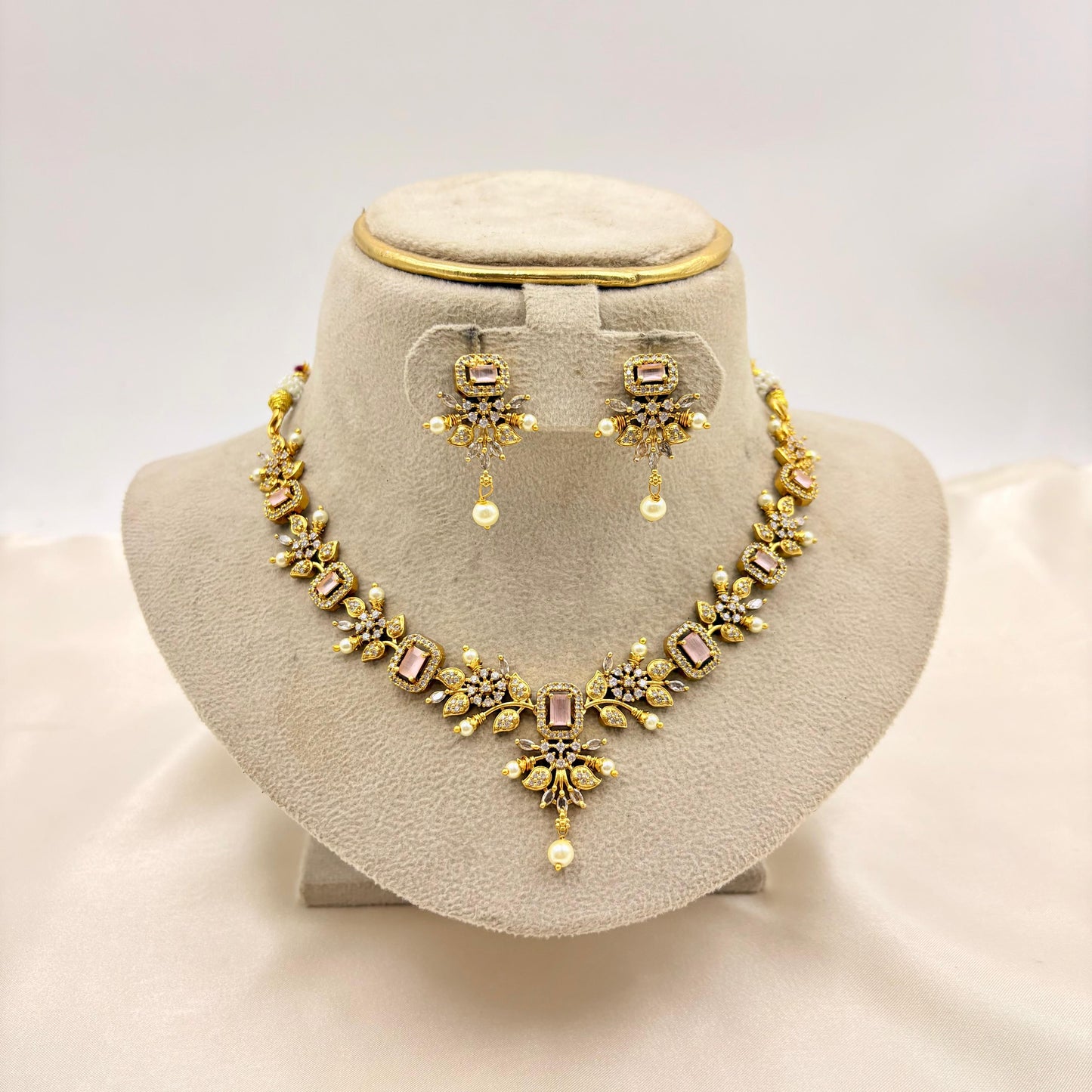 Blush Pink Stone Gold Finish Necklace Set with Pearl Drops