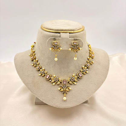 Blush Pink Stone Gold Finish Necklace Set with Pearl Drops