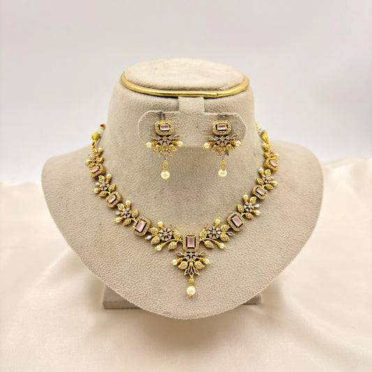 Blush Pink Stone Gold Finish Necklace Set with Pearl Drops