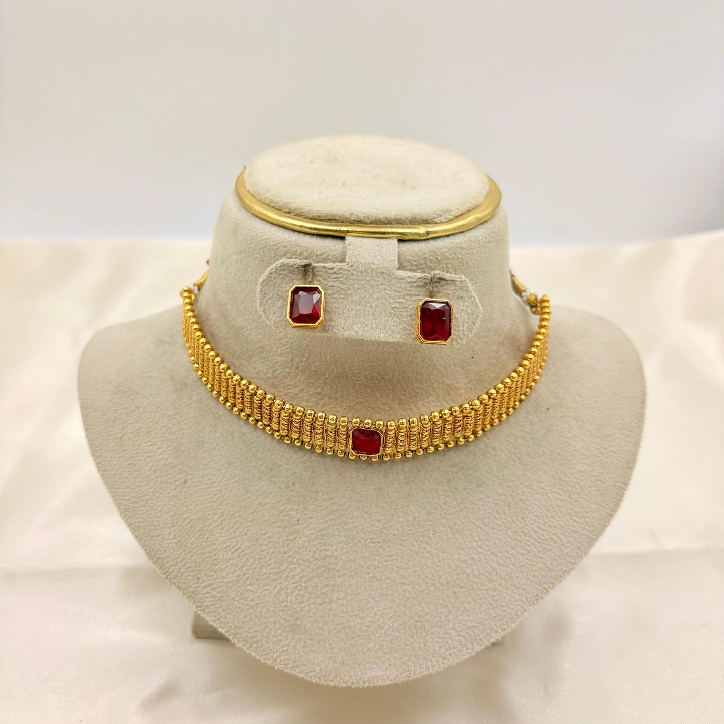 Gold-Plated Ruby Red Stone Choker Necklace Set with Earrings | Minimal Bridal & Festive Jewellery