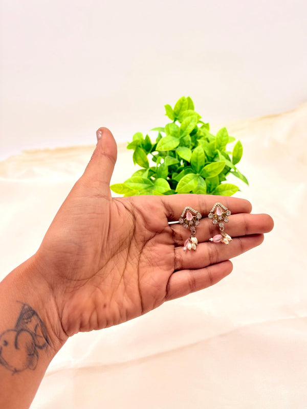 Pink Stone Floral Stud Earrings with Pearl Drops