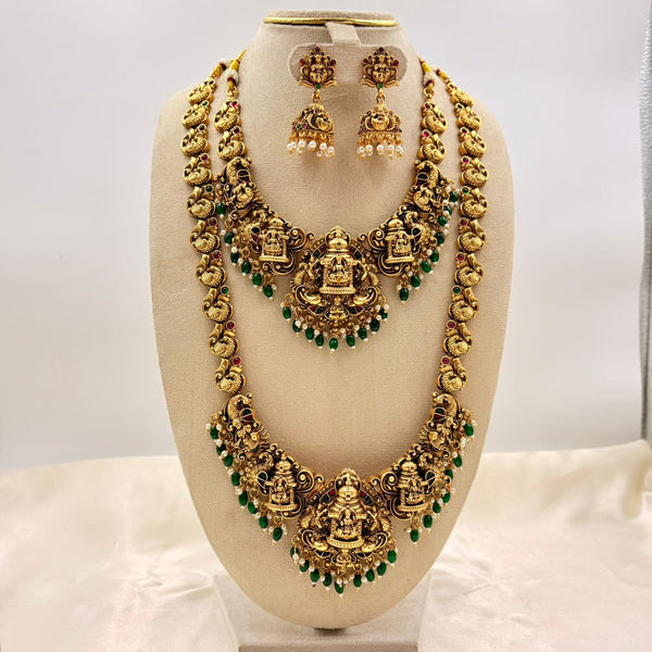 Bridal Temple Lakshmi Haaram Set – Long & Short Necklace with Jhumkas | Antique Gold Finish | Green Bead Drops
