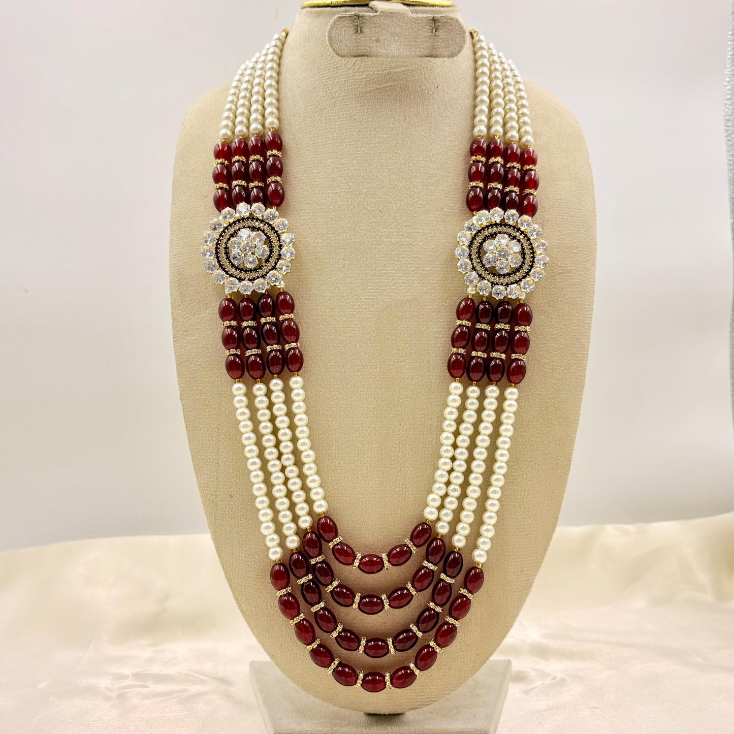 Ruby Red & Pearl Multi-Layer Long Necklace with Crystal Medallions