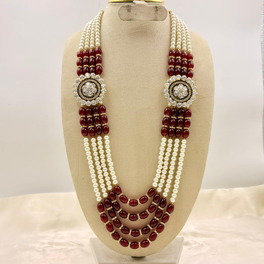 Ruby Red & Pearl Multi-Layer Long Necklace with Crystal Medallions
