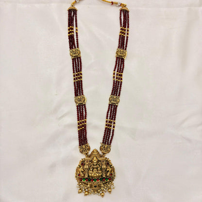 Red Beads Temple Haaram with Lakshmi Pendant & Jhumka Earrings | Antique Gold Finish