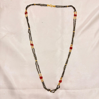 Classic Long Black Beads Mangalsutra with Red Accents – Gold Finish