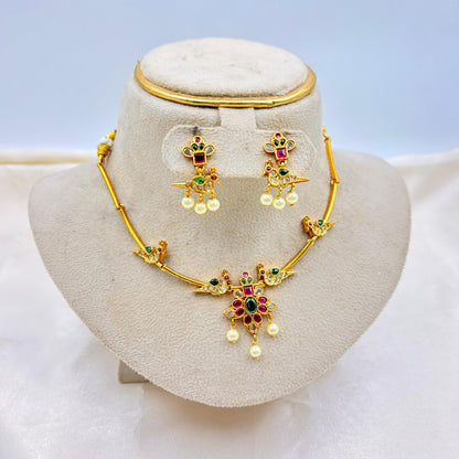 Gold Finish Peacock Motif Necklace Set with Pearl Drops