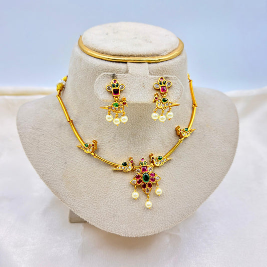 Gold Finish Peacock Motif Necklace Set with Pearl Drops