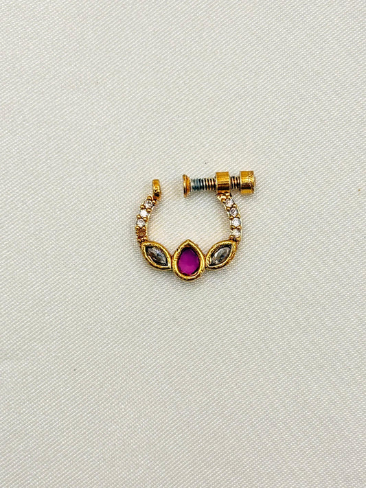Elegant Ruby & White Stone Screw Nose Pin – Gold Finish