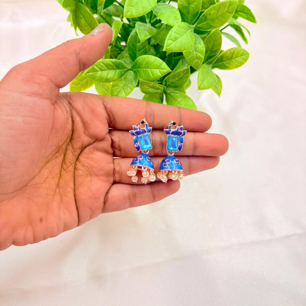 Royal Blue Enamel Stone Jhumka Earrings with Pearl Drops