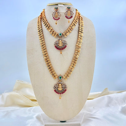 Premium Lakshmi Kasu Double Layer Temple Necklace Set – Antique Gold Finish