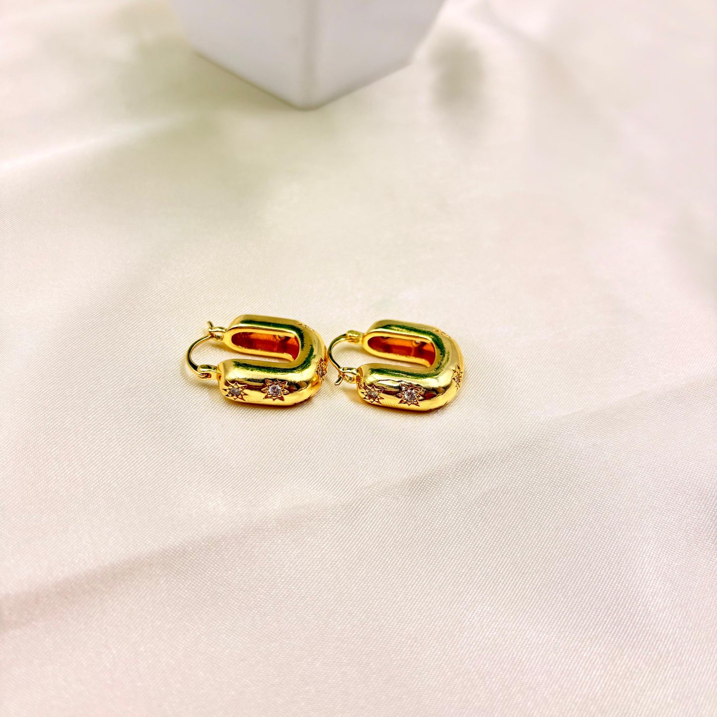Gold Plated Rectangular Huggie Earrings with CZ Star Detail
