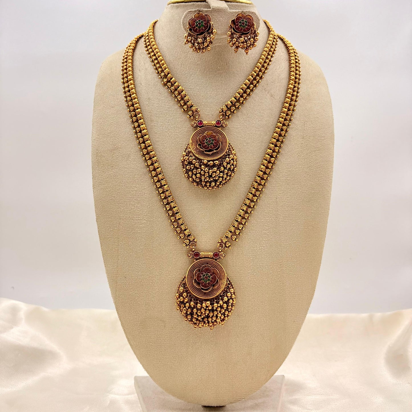 Antique Gold Dual Long Haram Necklace Set with Coin Pendant & Stud Earrings