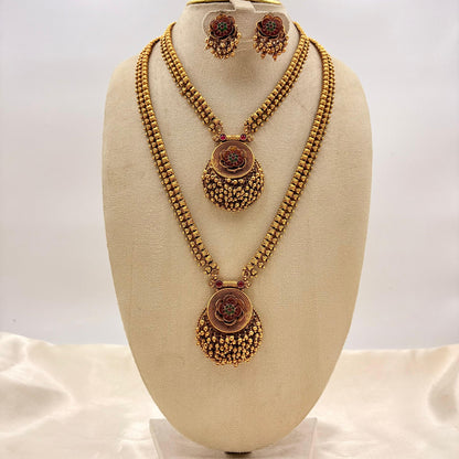Antique Gold Dual Long Haram Necklace Set with Coin Pendant & Stud Earrings