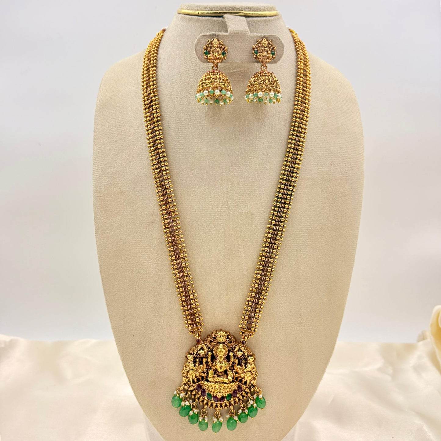 Antique Gold Lakshmi Long Haram with Double Gundu Chain & Green Bead Drops | Earrings Included